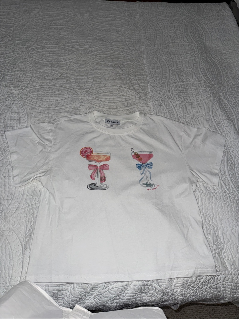 En Saison White Tee with Pink Cocktail Graphics By Anthropologie
